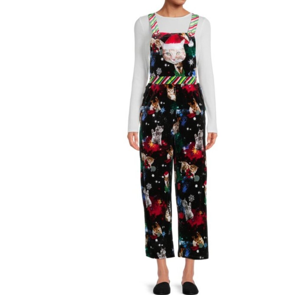 Christmas Cat Overall Jumpsuit Juniors Size Medium 7-9 Black Velvet Christmas